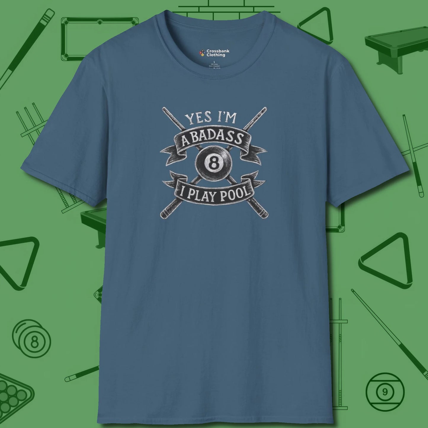 Badass T-Shirt, front view, in Indigo Blue your go-to shirt for league night victories