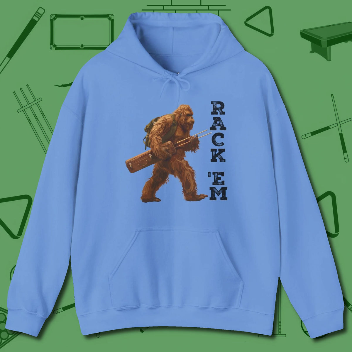 Bigfoot Rack 'em Hoodie, front view, in Carolina Blue cue up respect every time you wear it