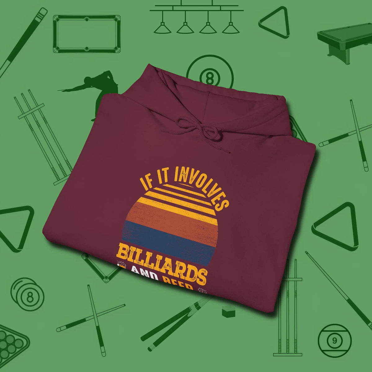 Billiards and Beer Hoodie, folded view, in Maroon subtle drip for serious shooters