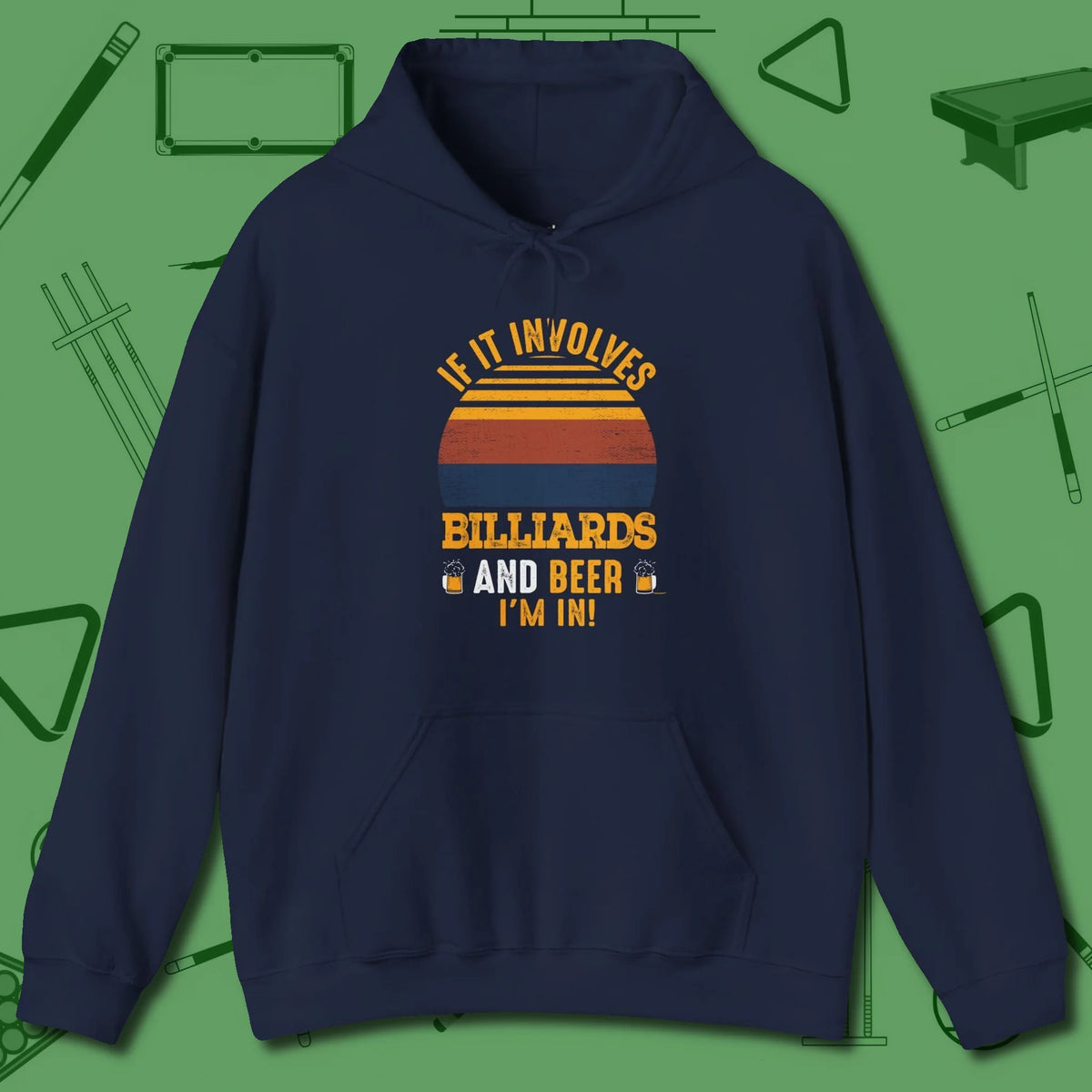 Billiards and Beer Hoodie, front view, in Navy an extension of your pool persona
