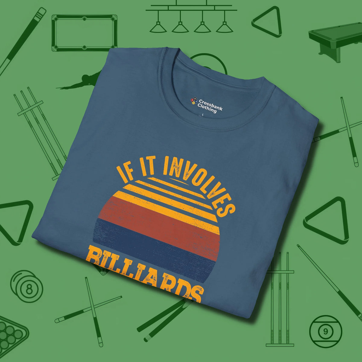 Billiards and Beer T-Shirt, folded view, in Indigo Blue table-tested, street-approved style