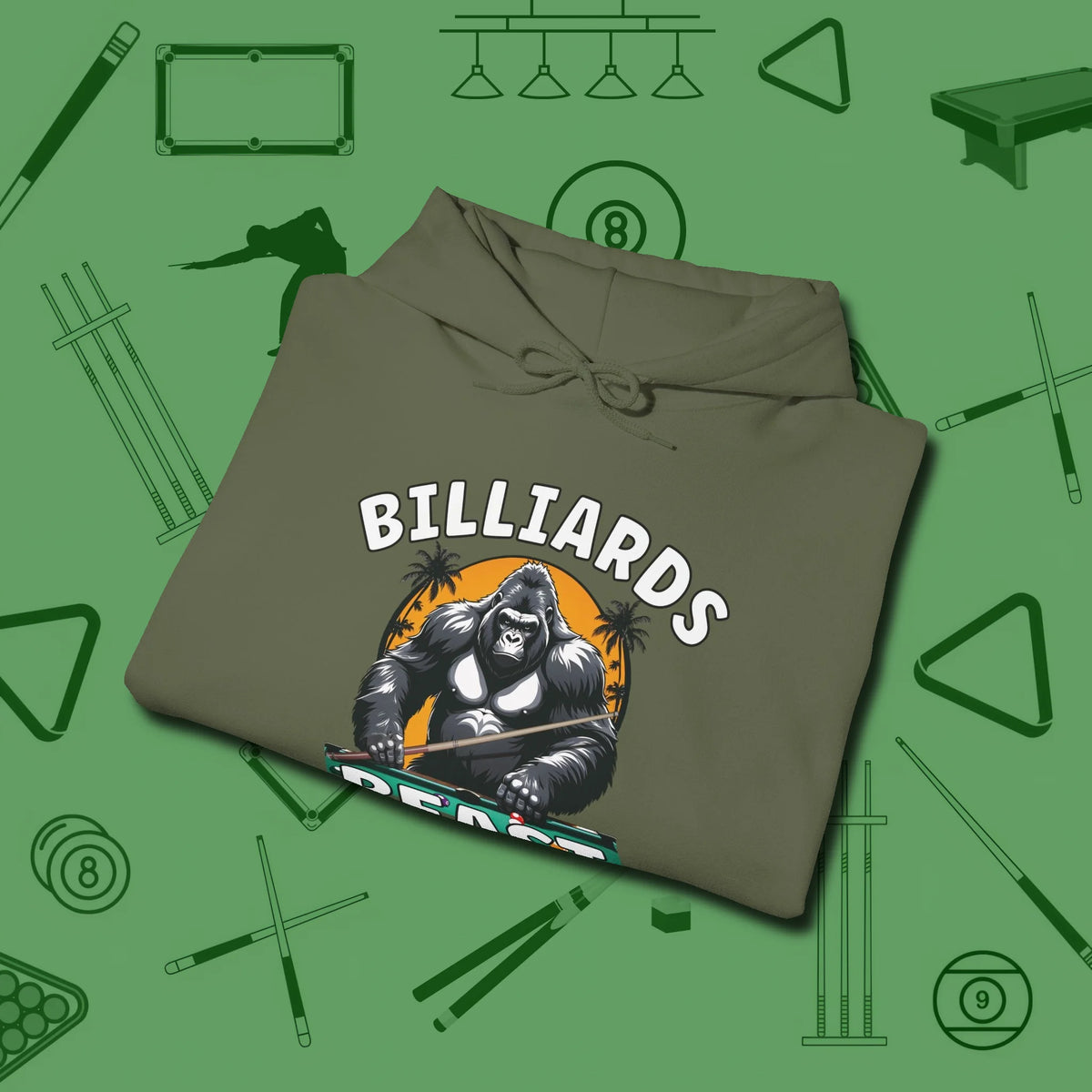 Billiards Beast Hoodie, folded view, in Military Green the official uniform of the after-hours crew