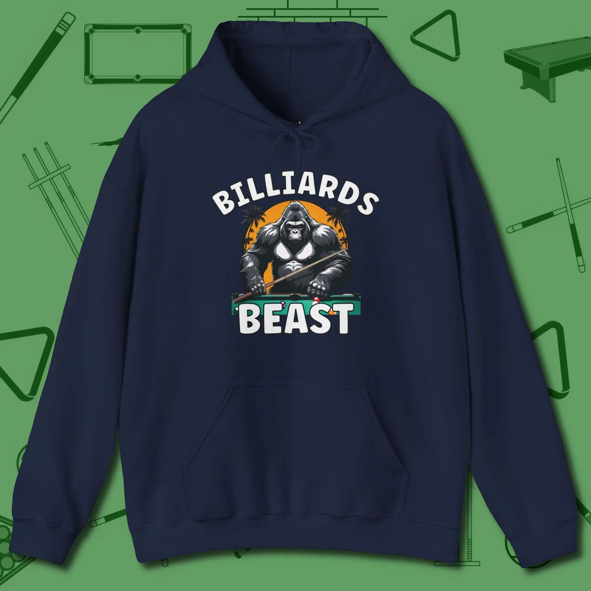 Billiards Beast Hoodie, front view, in Navy perfect for players with quiet fire