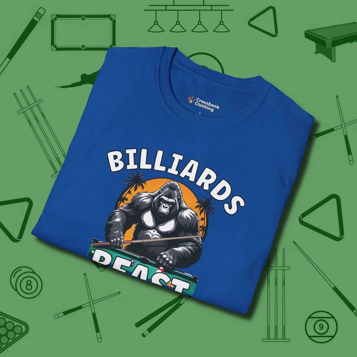 Billiards Beast T-Shirt, folded view, in Royal stitched for cue discipline and cool confidence