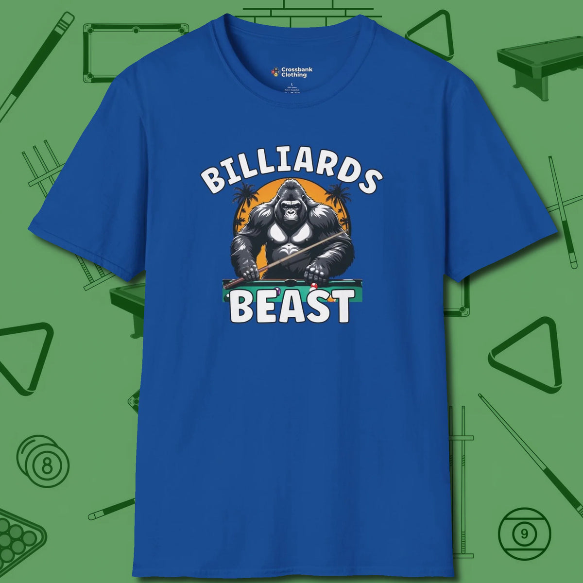 Billiards Beast T-Shirt, front view, in Royal stitched for cue discipline and cool confidence