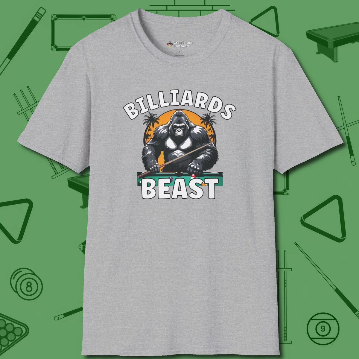 Billiards Beast T-Shirt, front view, in Sport Grey for shooters who dress like they play: sharp