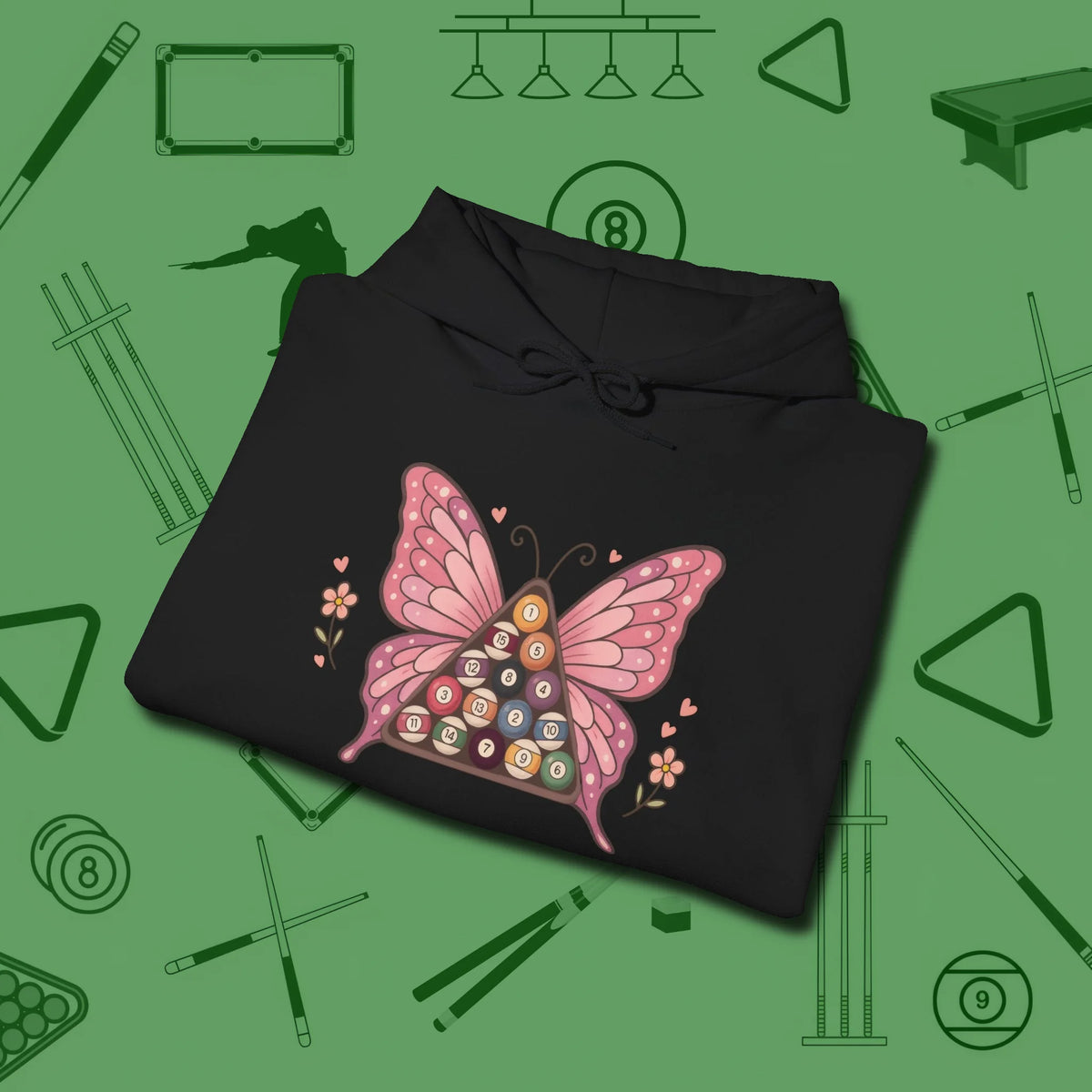 Billiards Butterfly Hoodie, folded view, in Black what the real shooters wear