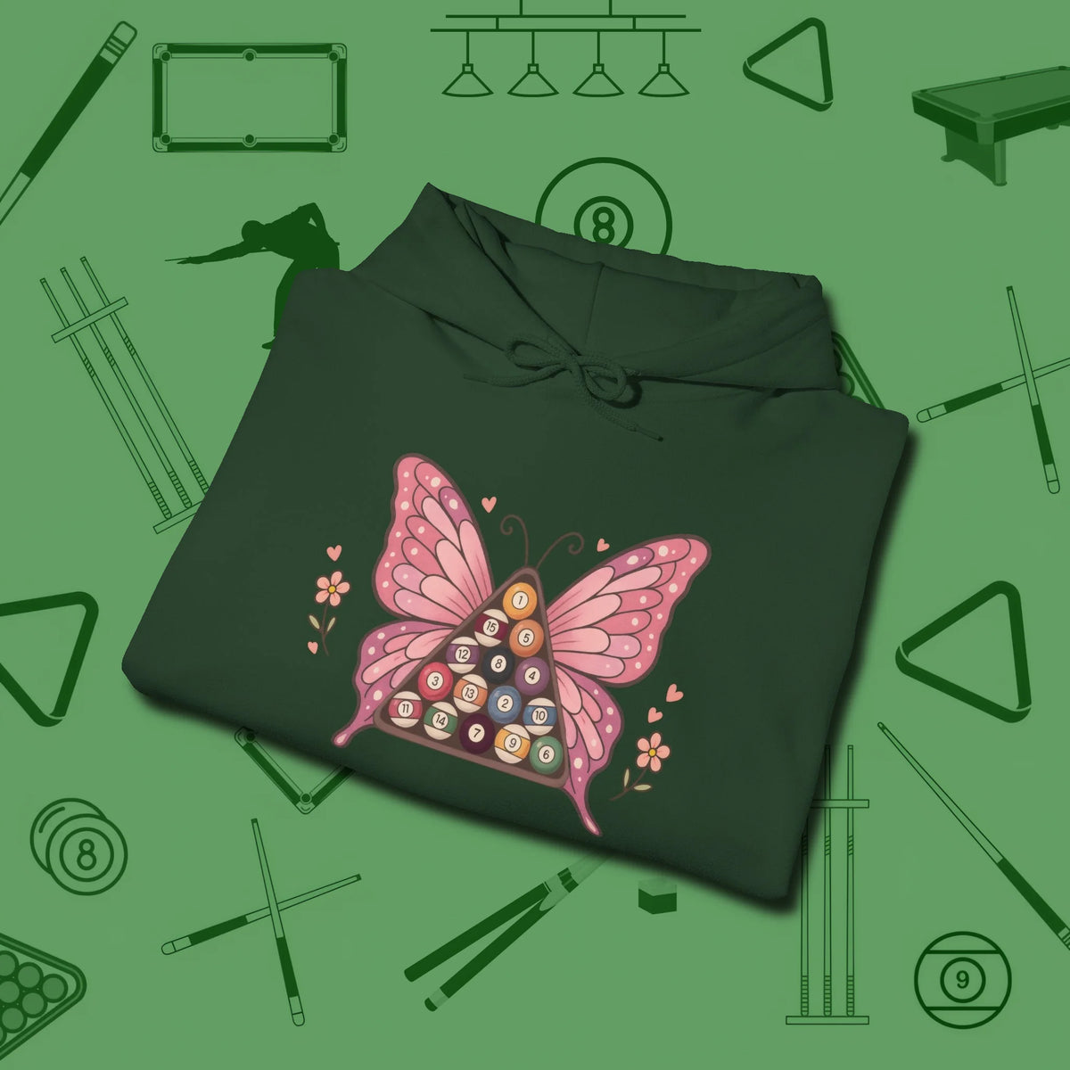 Billiards Butterfly Hoodie, folded view, in Forest Green your go-to shirt for league night victories