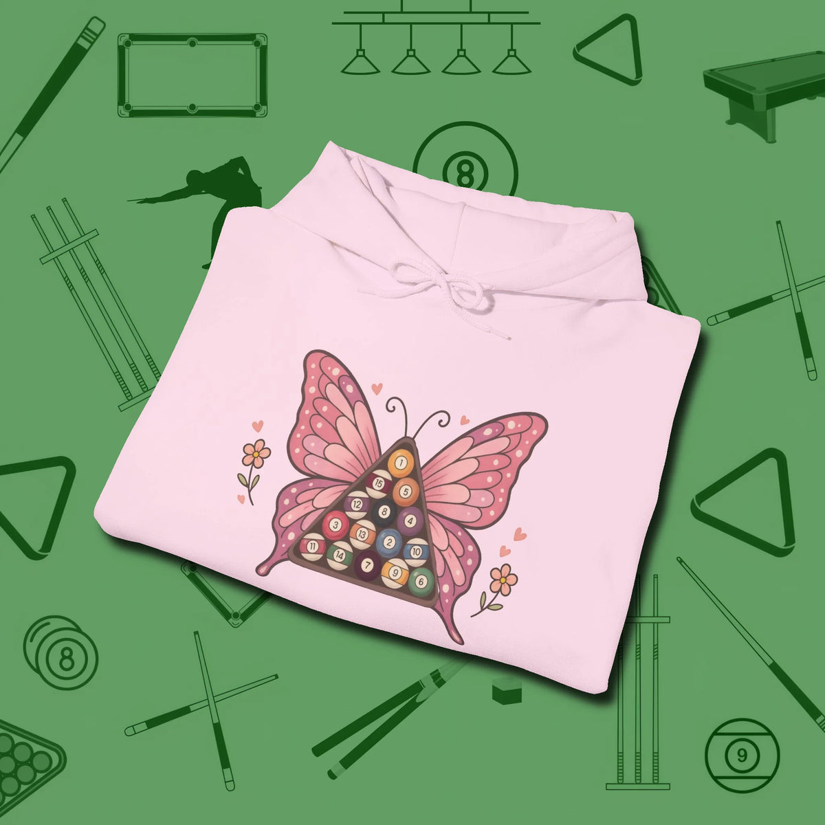 Billiards Butterfly Hoodie, folded view, in Light Pink tough like your favorite break cue