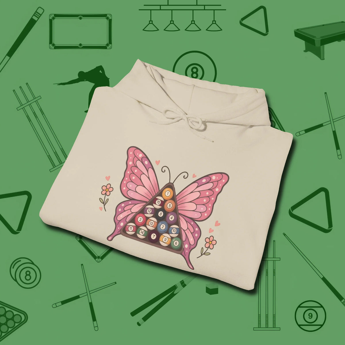 Billiards Butterfly Hoodie, folded view, in Sand strike fear with swagger and precision