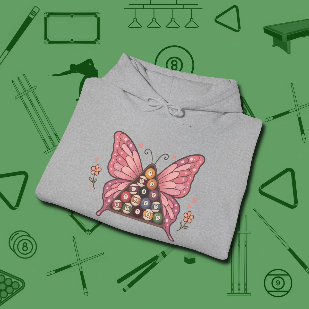 Billiards Butterfly Hoodie, folded view, in Sport Grey made for pool sharks, not posers