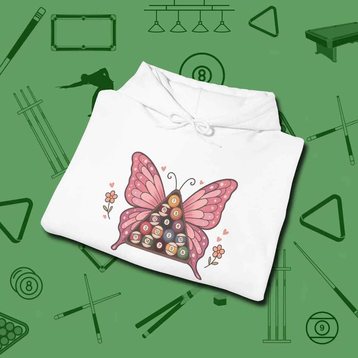 Billiards Butterfly Hoodie, folded view, in White smart enough for the felt and the street