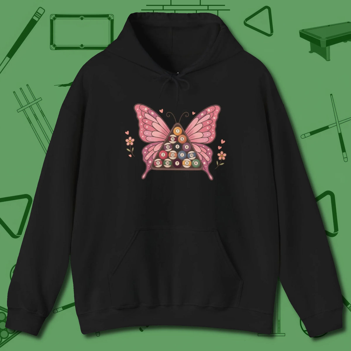 Billiards Butterfly Hoodie, front view, in Black strike fear with swagger and precision