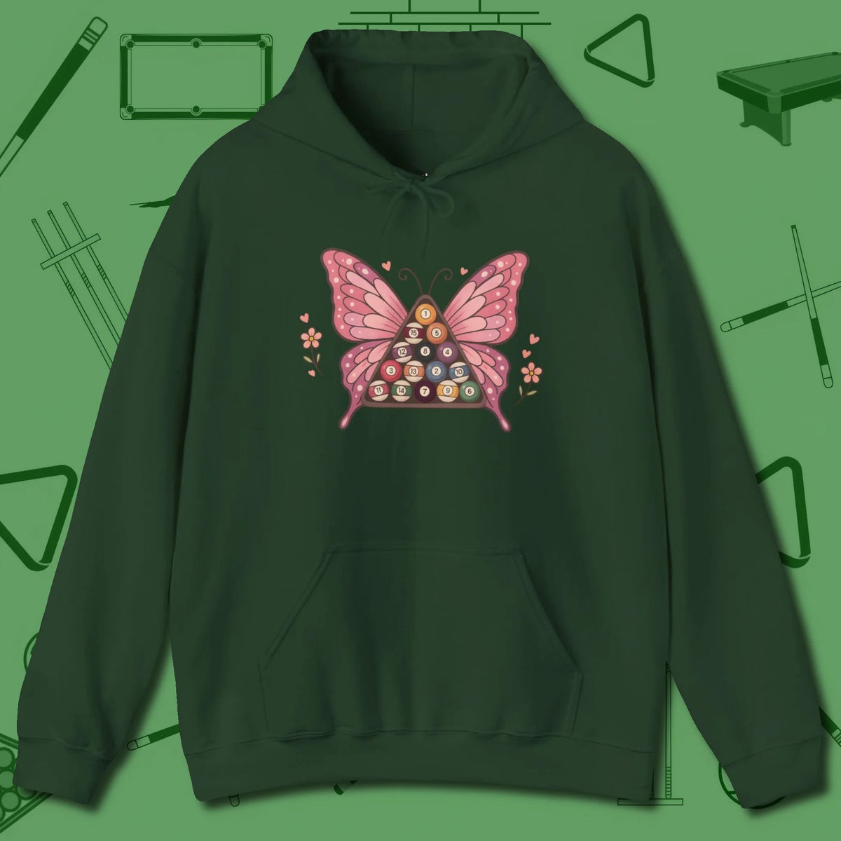 Billiards Butterfly Hoodie, front view, in Forest Green it’s not a hobby — it’s a lifestyle