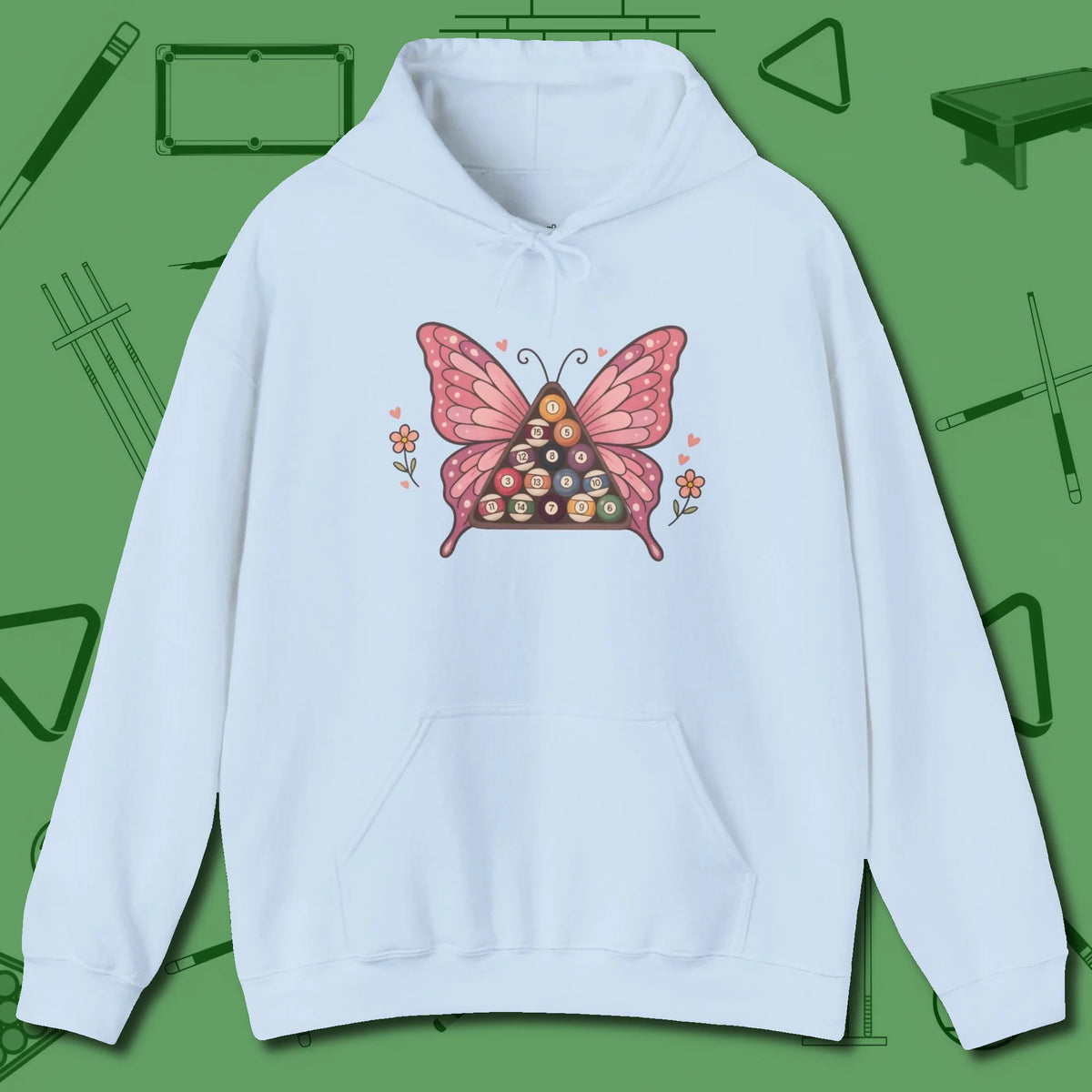 Billiards Butterfly Hoodie, front view, in Light Blue helps your stroke and your style