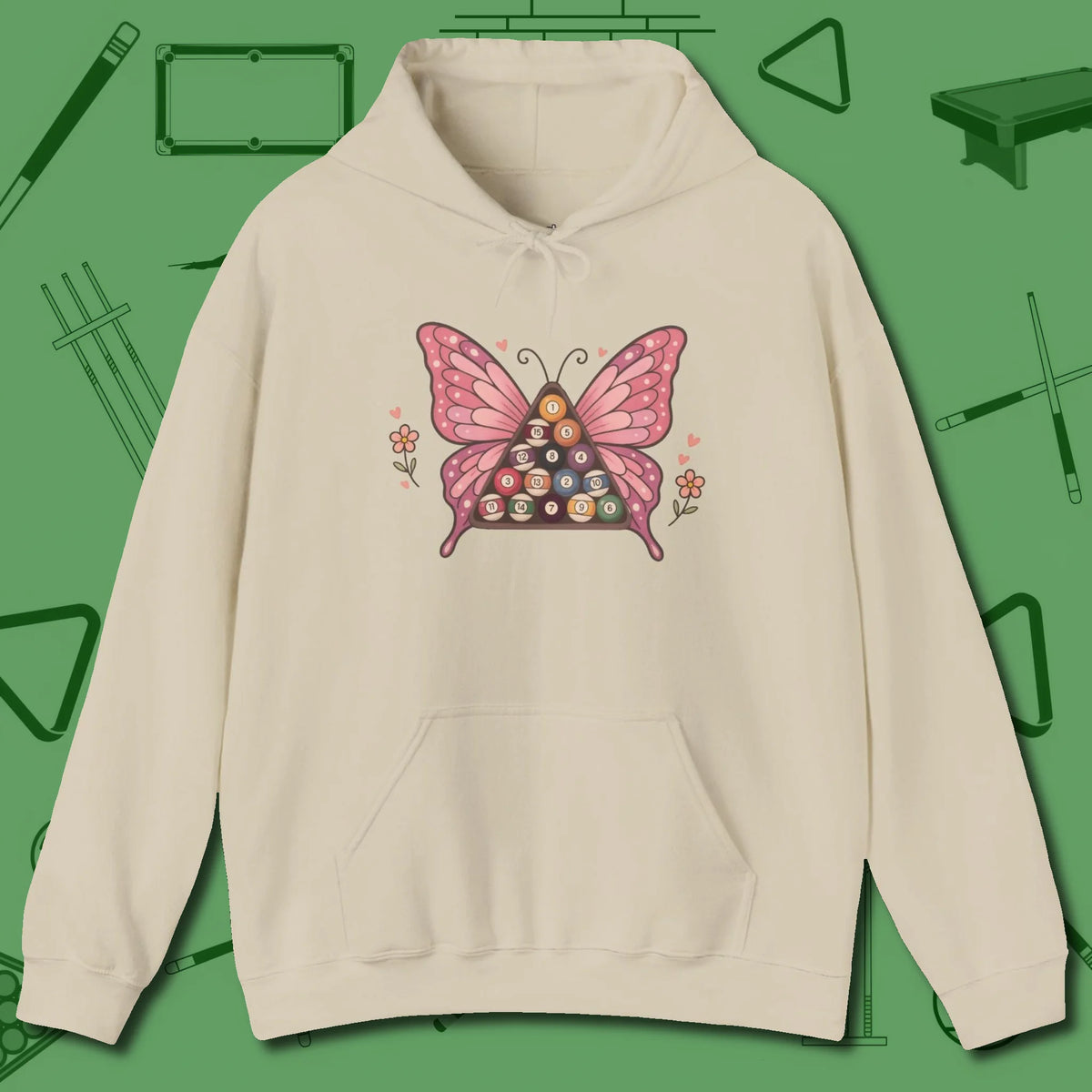Billiards Butterfly Hoodie, front view, in Sand helps your stroke and your style