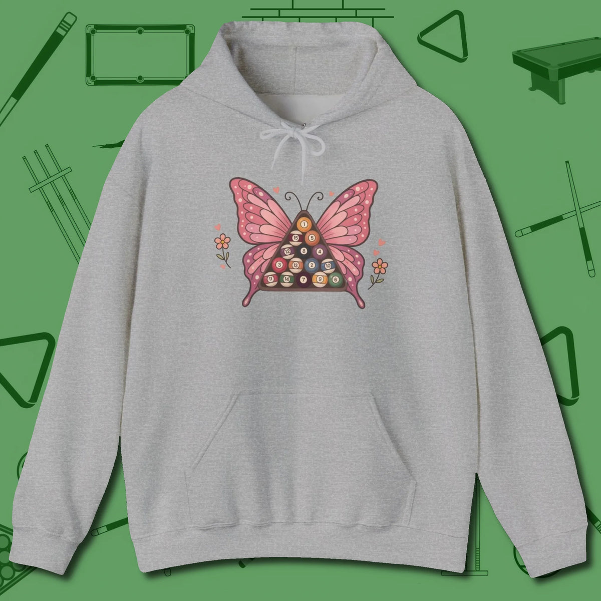 Billiards Butterfly Hoodie, front view, in Sport Grey strike fear with swagger and precision