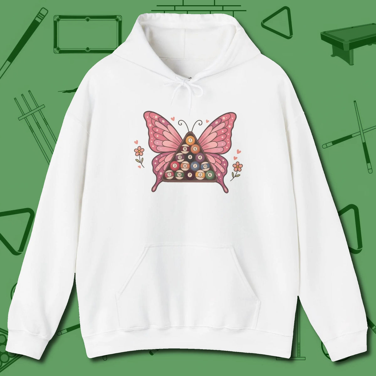 Billiards Butterfly Hoodie, front view, in White for players who live the game