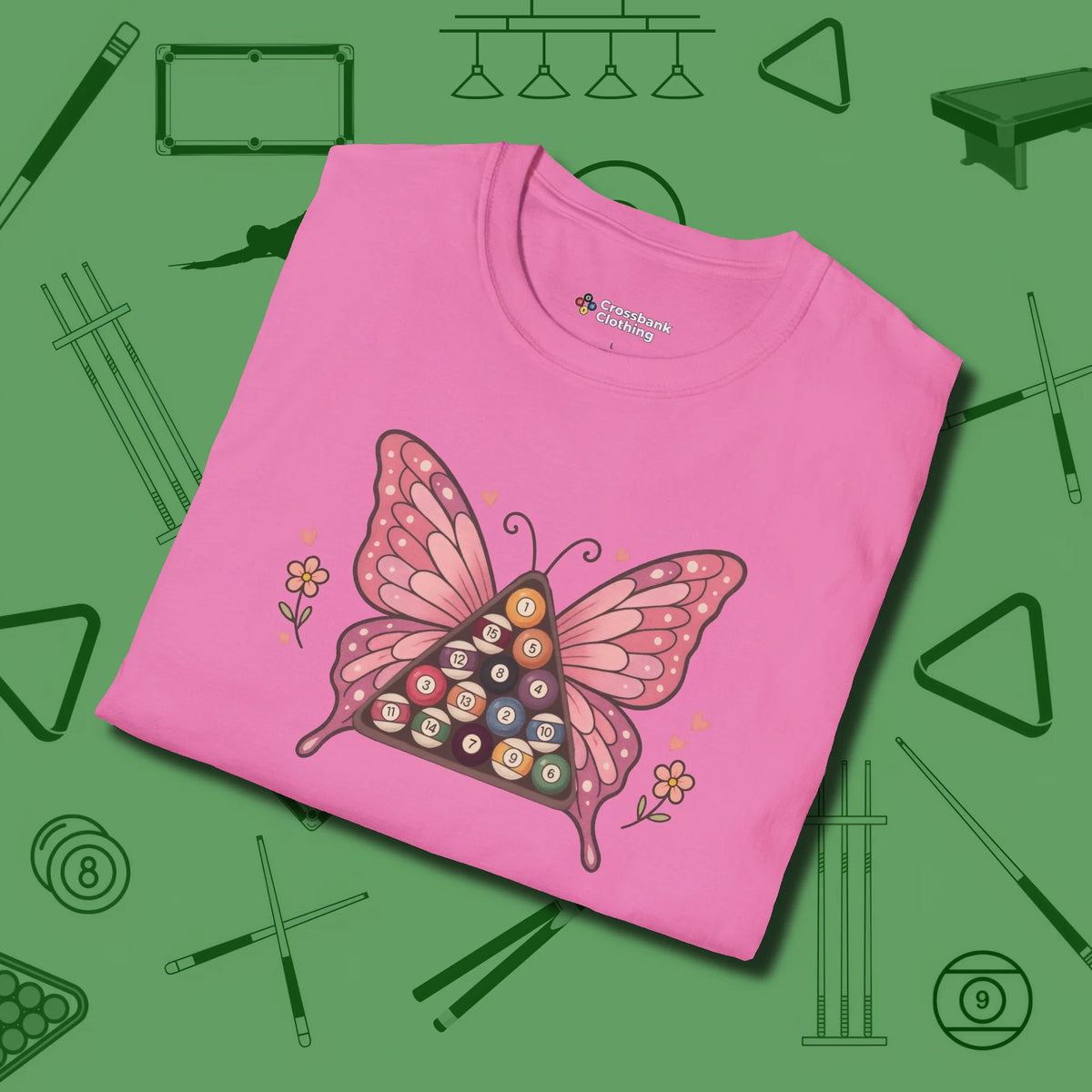 Billiards Butterfly T-Shirt, folded view, in Azalea tough like your favorite break cue