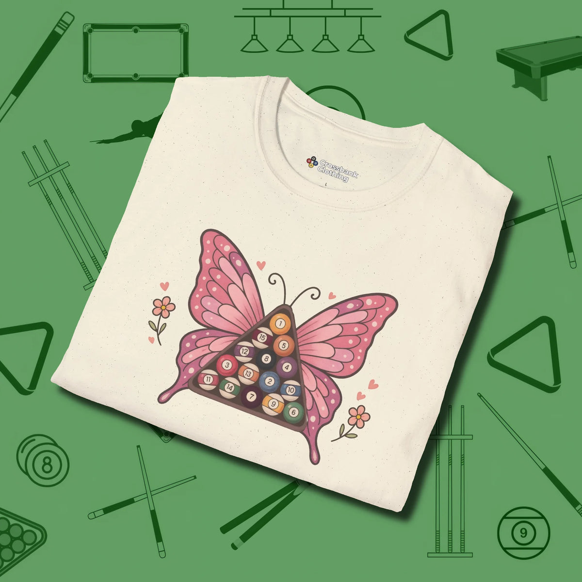 Billiards Butterfly T-Shirt, folded view, in Natural where cue control meets personal style
