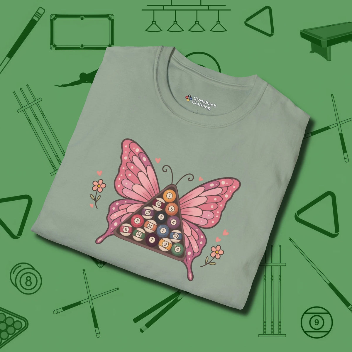 Billiards Butterfly T-Shirt, folded view, in Sage it’s not a hobby — it’s a lifestyle