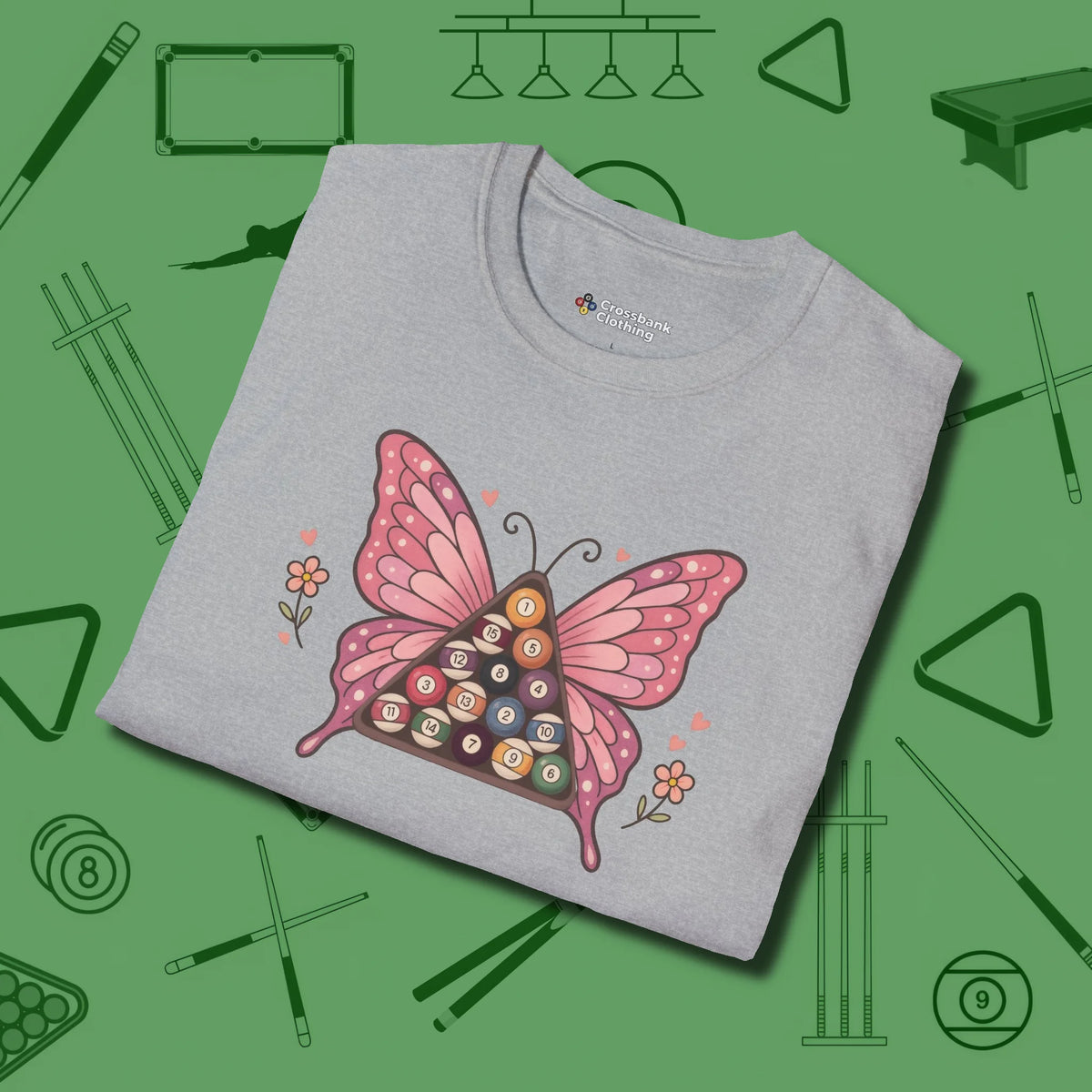 Billiards Butterfly T-Shirt, folded view, in Sport Grey clean lines for dirty minds