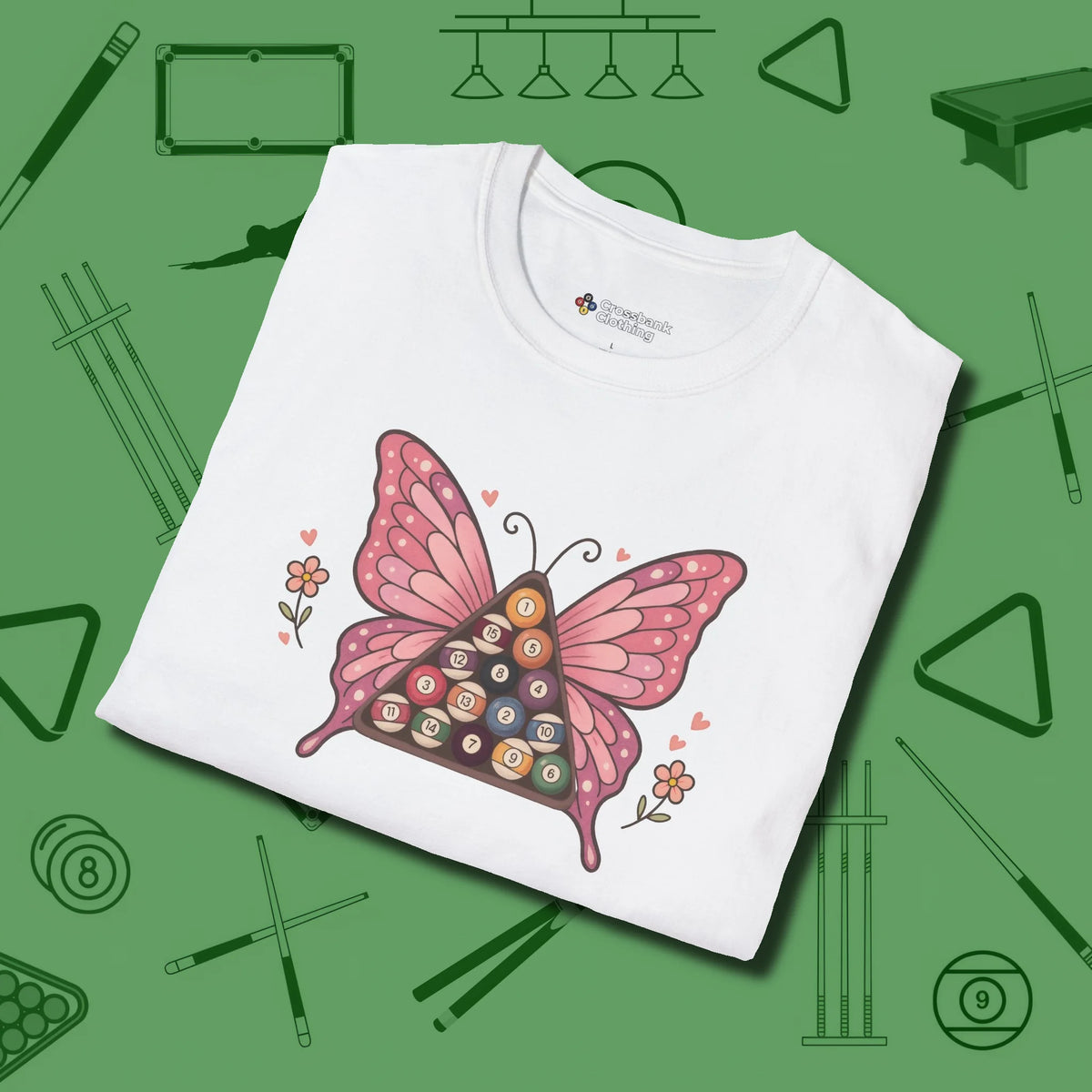 Billiards Butterfly T-Shirt, folded view, in White put your best game on display