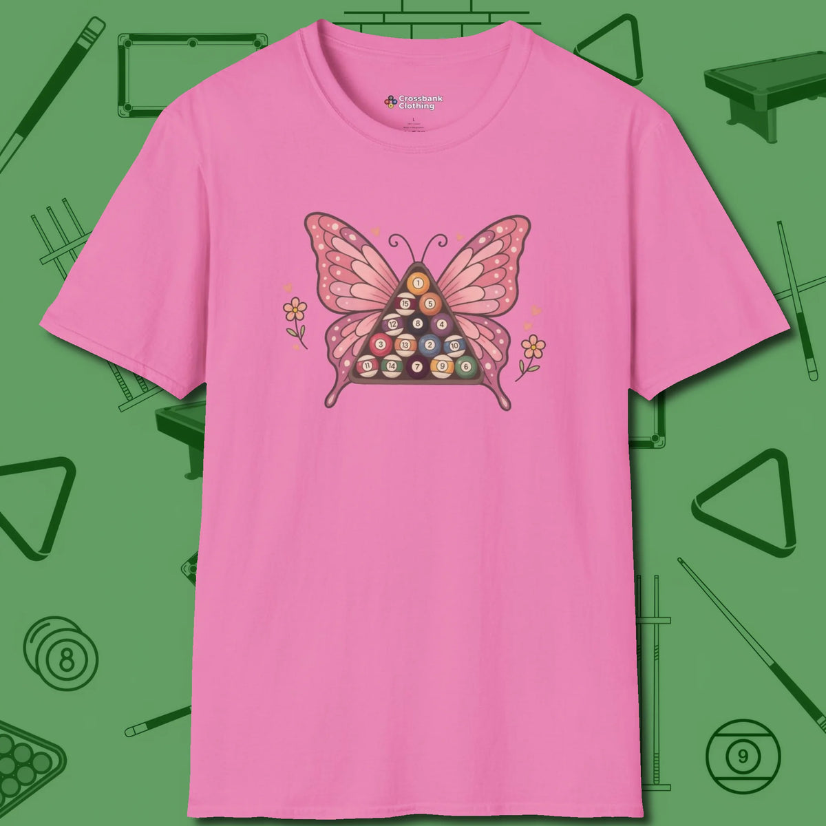 Billiards Butterfly T-Shirt, front view, in Azalea cool under pressure, hot on the eyes