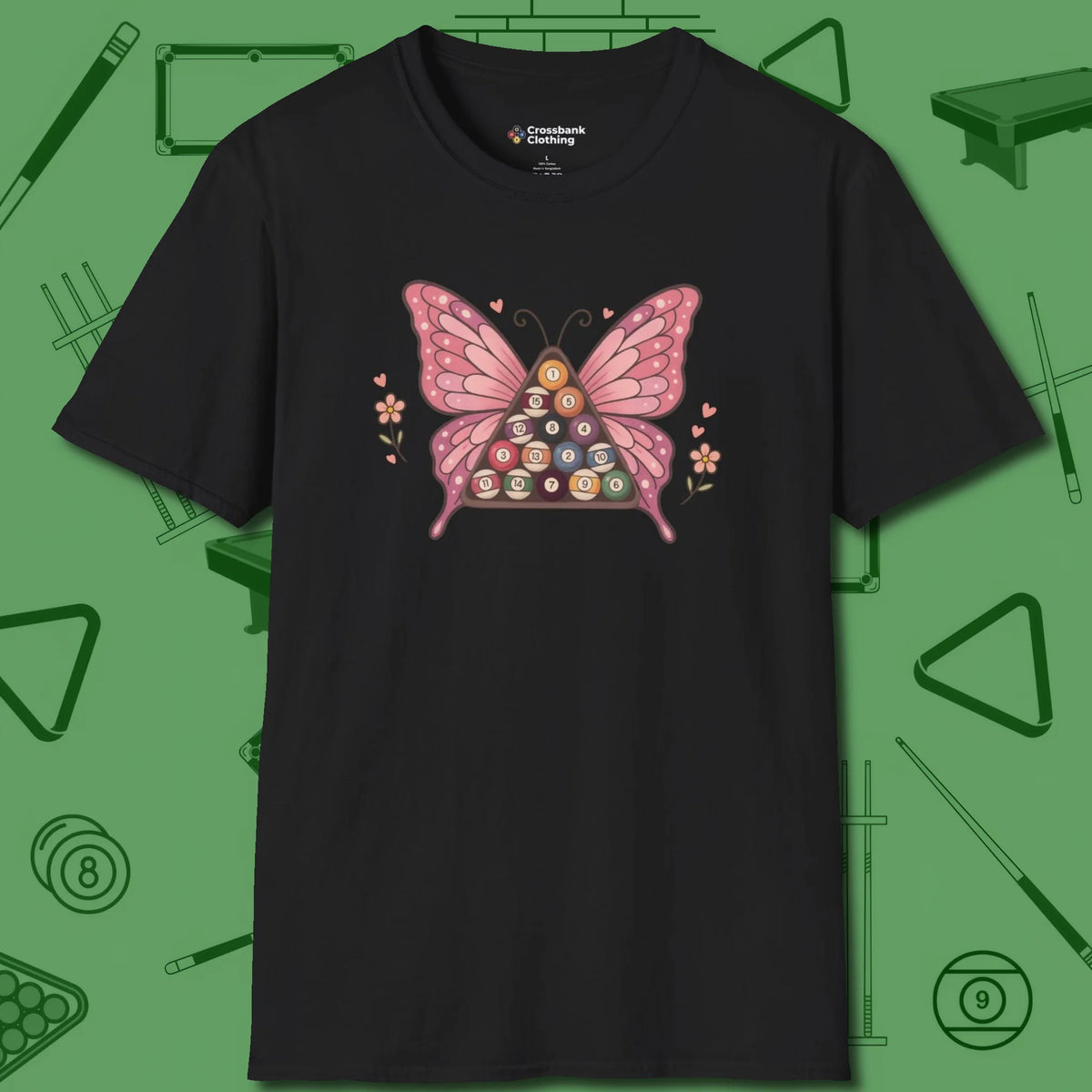 Billiards Butterfly T-Shirt, front view, in Black the shirt that plays position