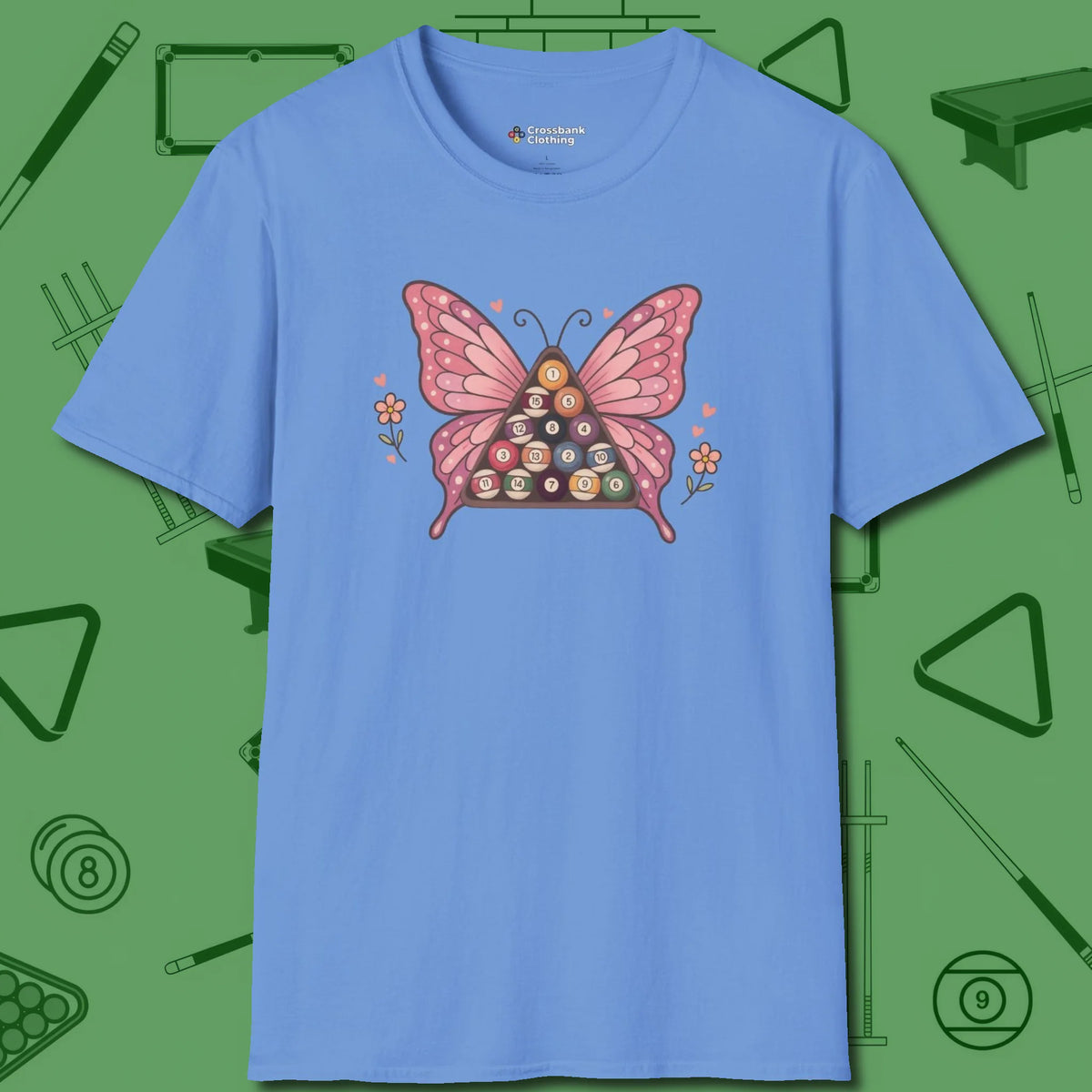 Billiards Butterfly T-Shirt, front view, in Carolina Blue the official uniform of the after-hours crew