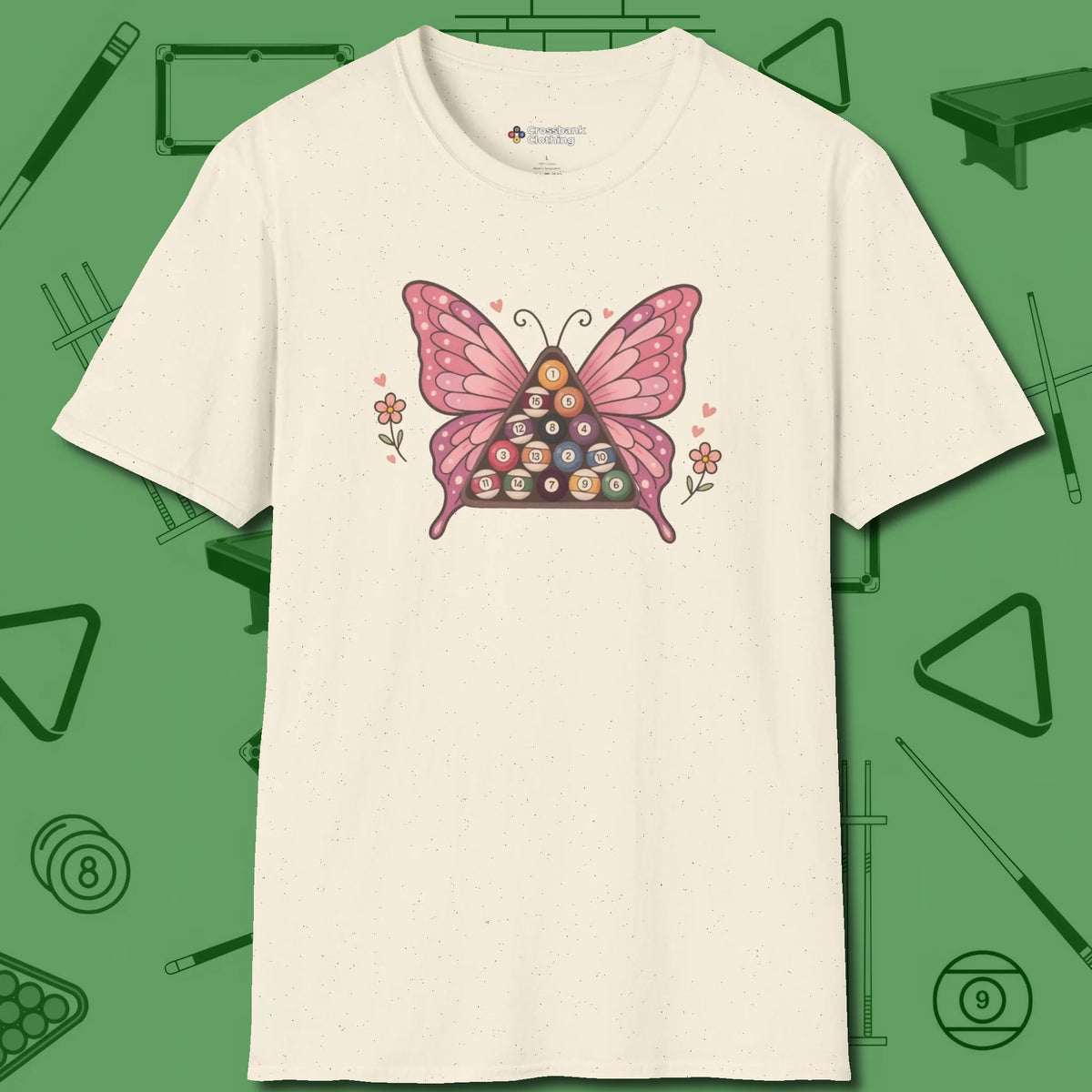 Billiards Butterfly T-Shirt, front view, in Natural perfect for players with quiet fire