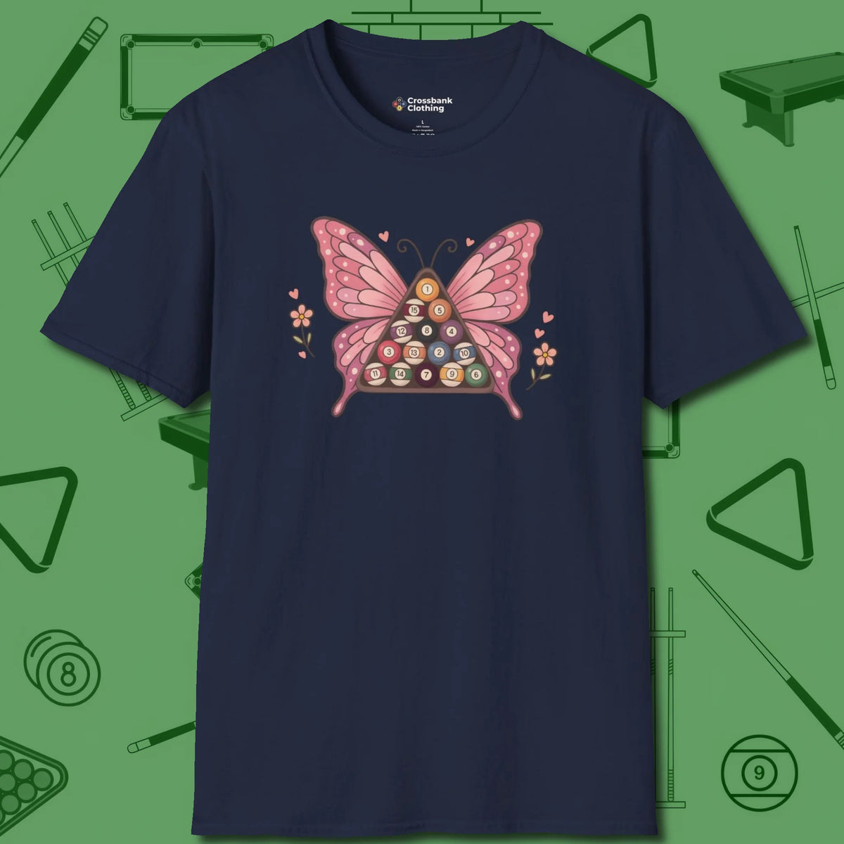 Billiards Butterfly T-Shirt, front view, in Navy make every shot — and outfit — count