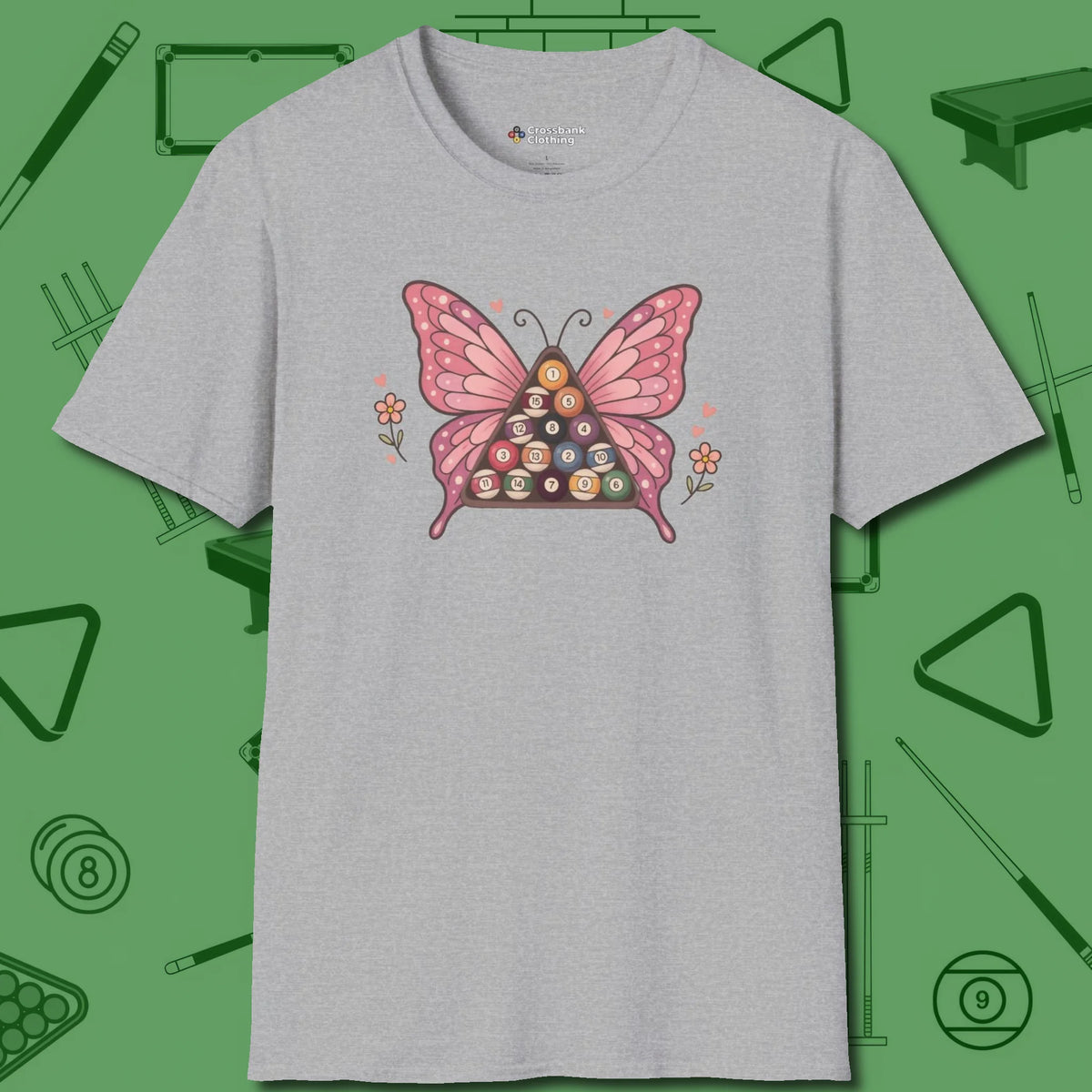 Billiards Butterfly T-Shirt, front view, in Sport Grey not your average 8-ball graphic tee