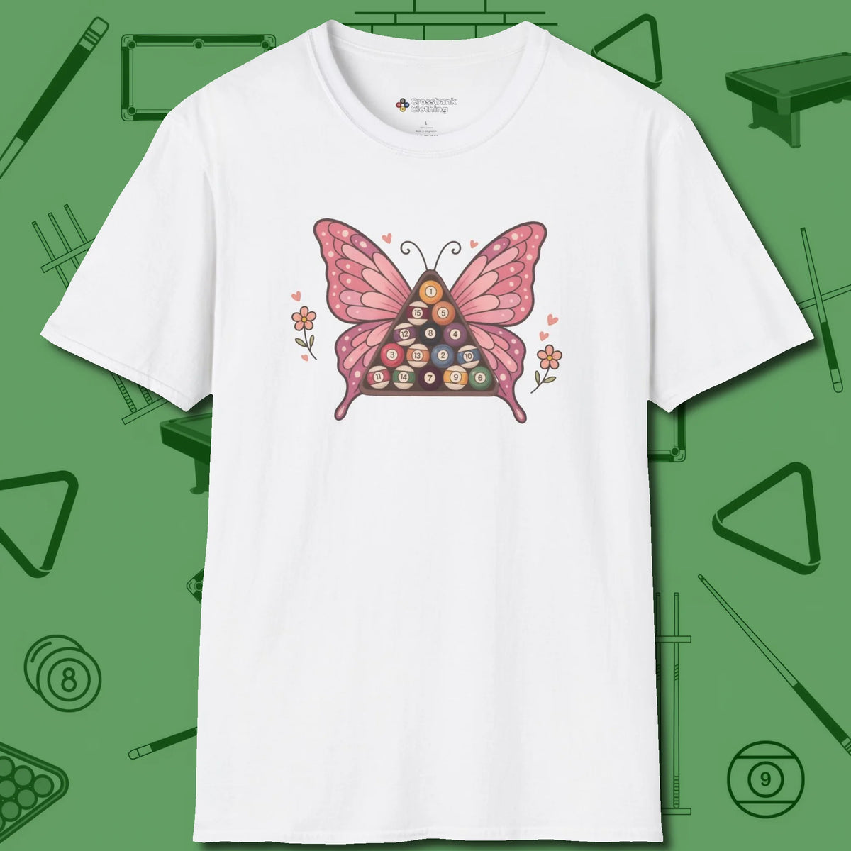 Billiards Butterfly T-Shirt, front view, in White perfect for players with quiet fire