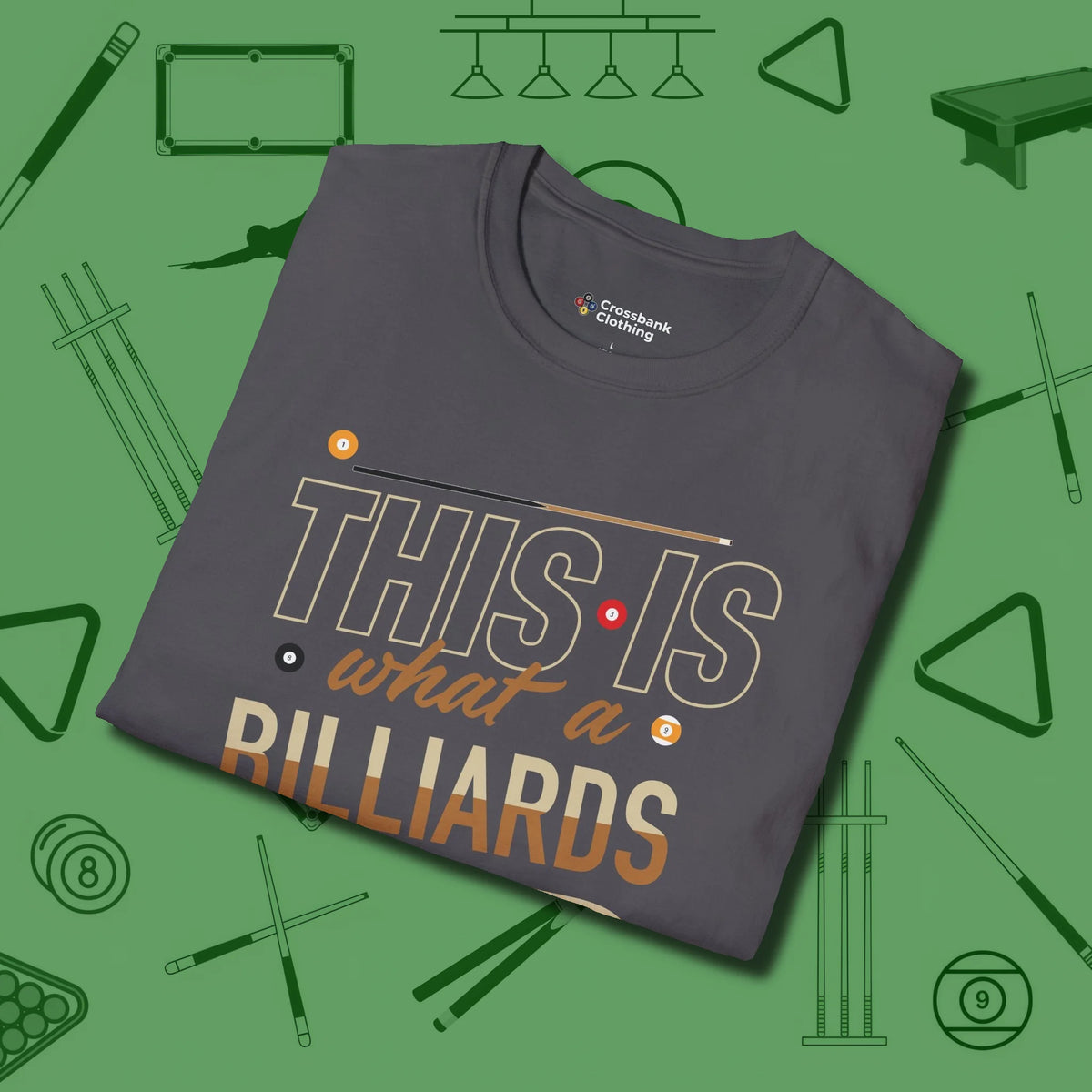 Billiards Dad T-Shirt, folded view, in Charcoal poolroom style with tournament attitude