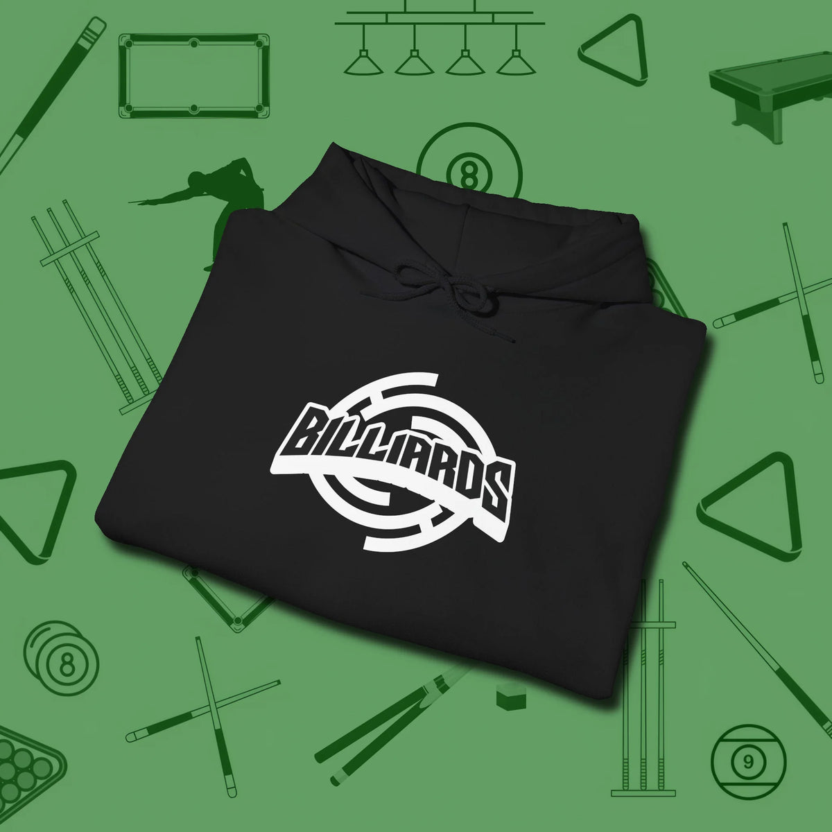 Billiards Emblem Hoodie, folded view, in Black helps your stroke and your style
