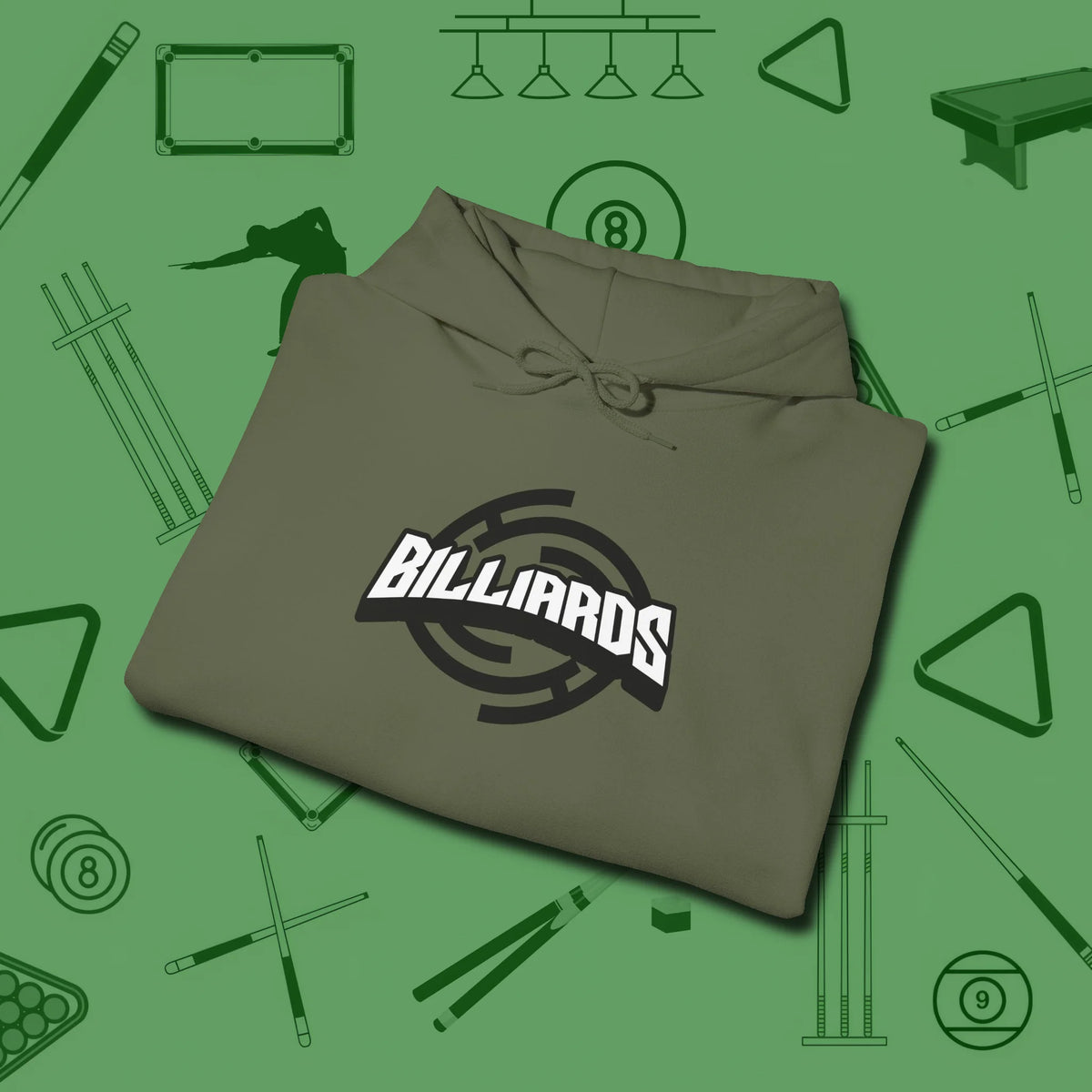 Billiards Emblem Hoodie, folded view, in Military Green cue sports swagger done right