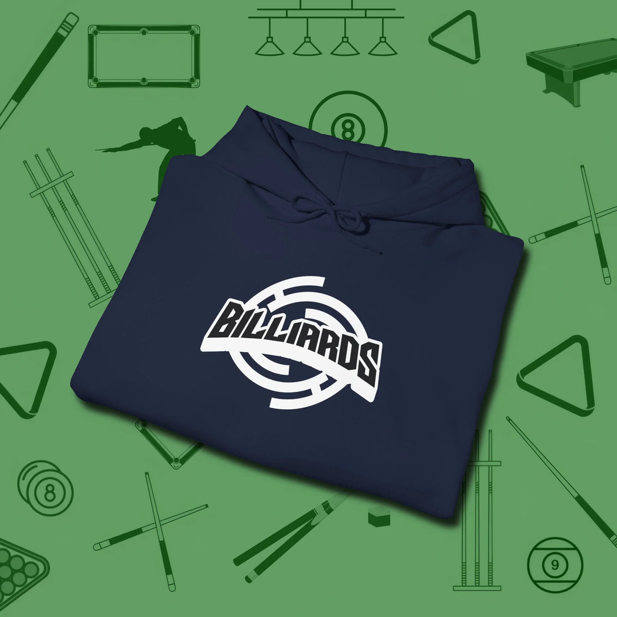 Billiards Emblem Hoodie, folded view, in Navy play in style, win in silence