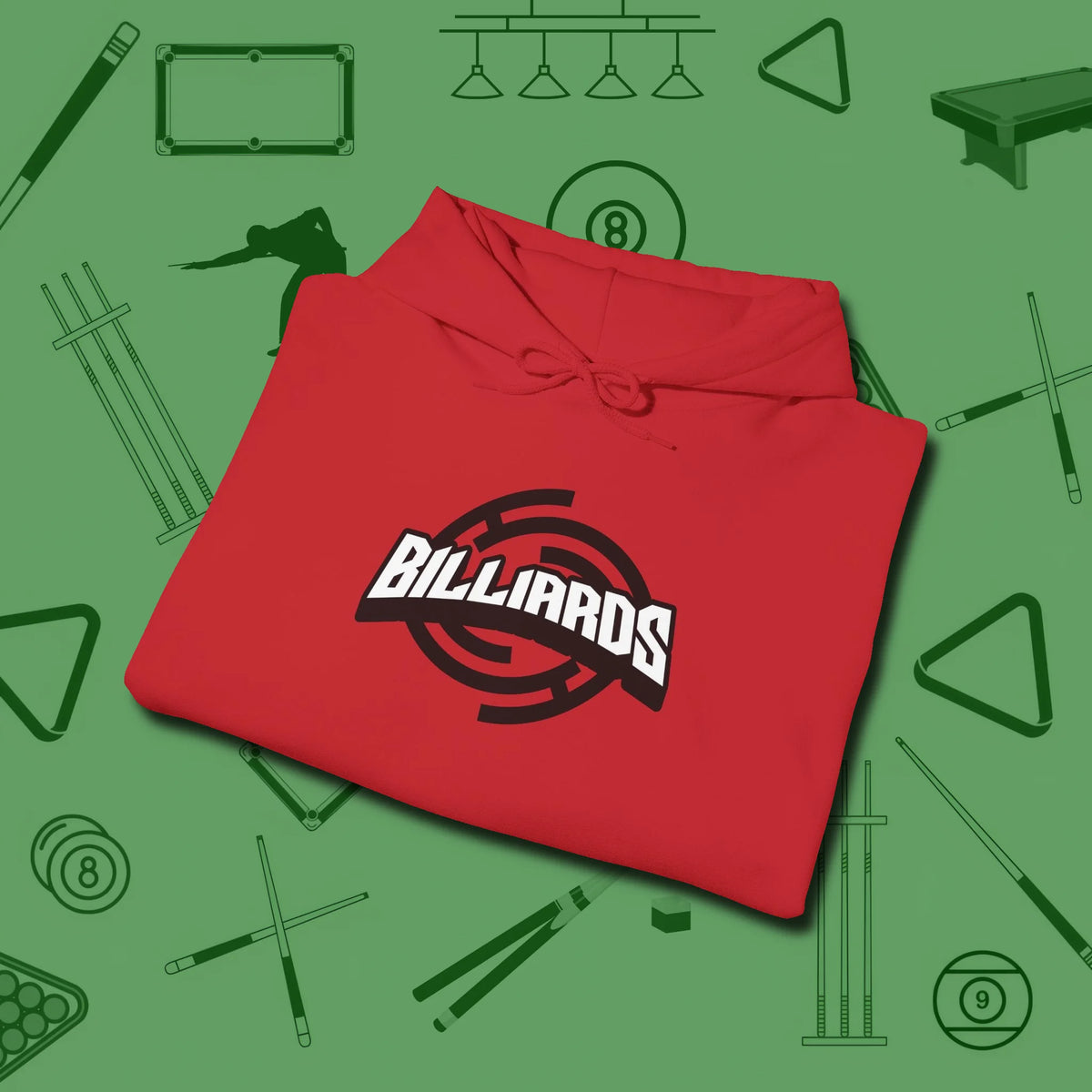 Billiards Emblem Hoodie, folded view, in Red what champions wear between racks