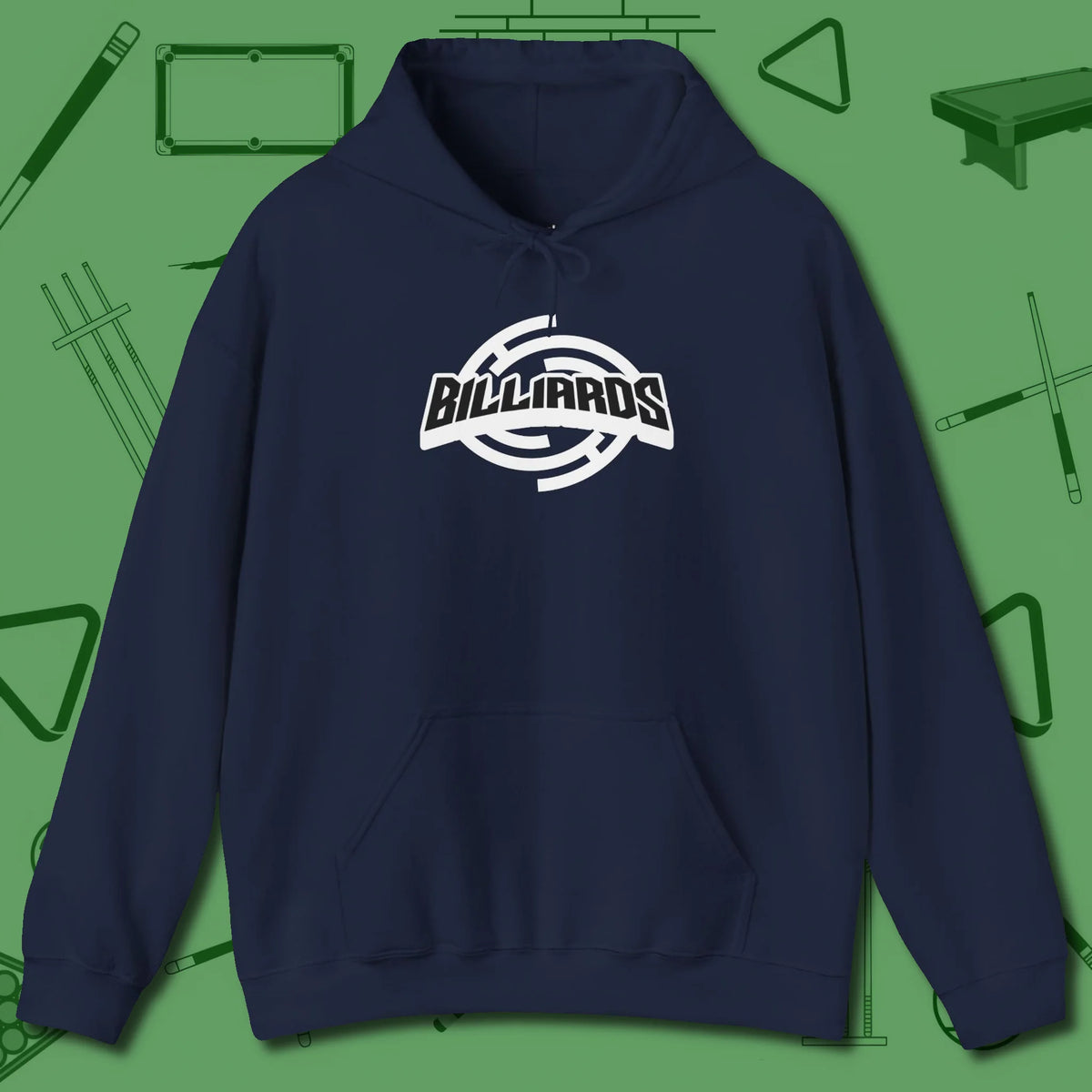 Billiards Emblem Hoodie, front view, in Navy cue up respect every time you wear it