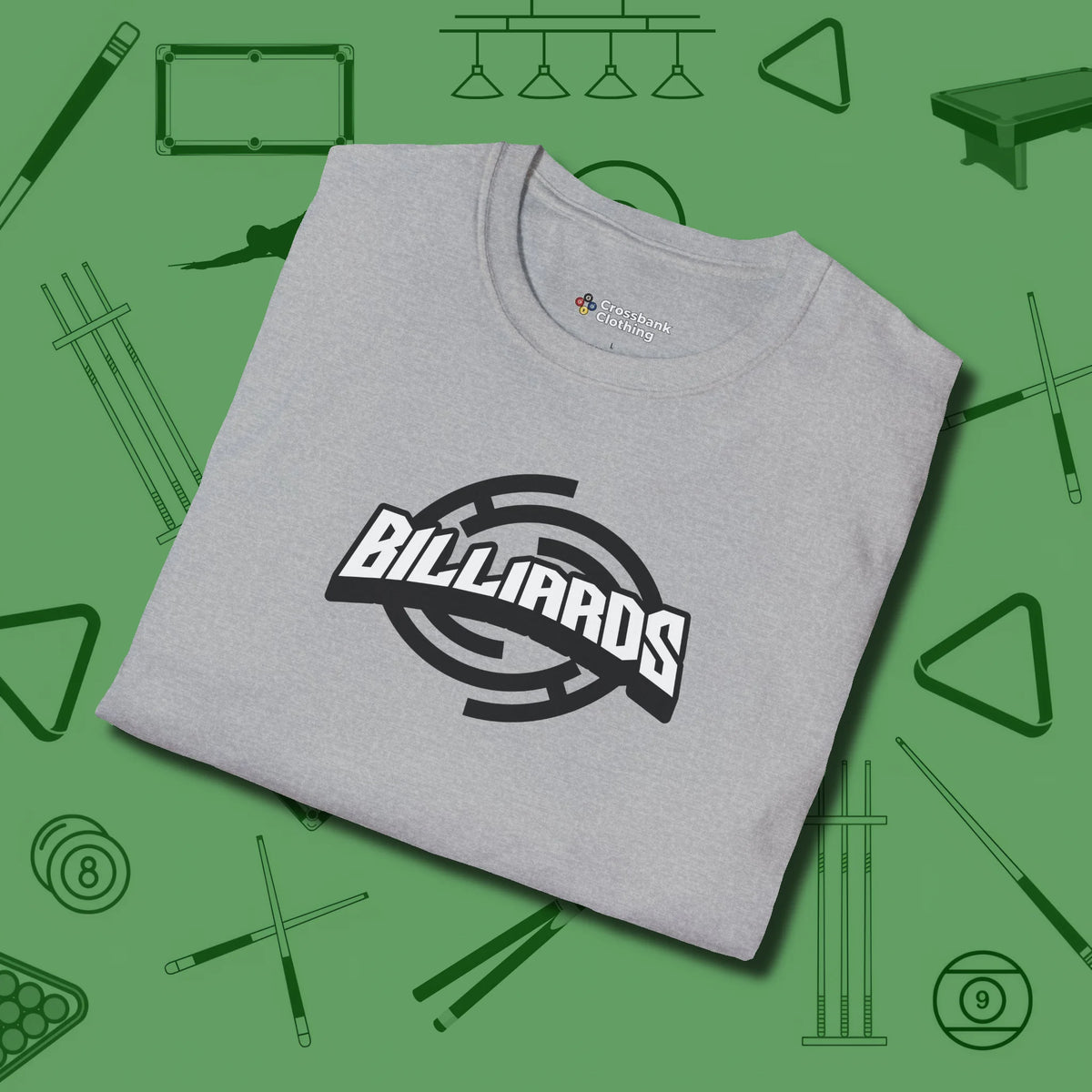 Billiards Emblem T-Shirt, folded view, in Sport Grey built for bold breaks and quiet confidence