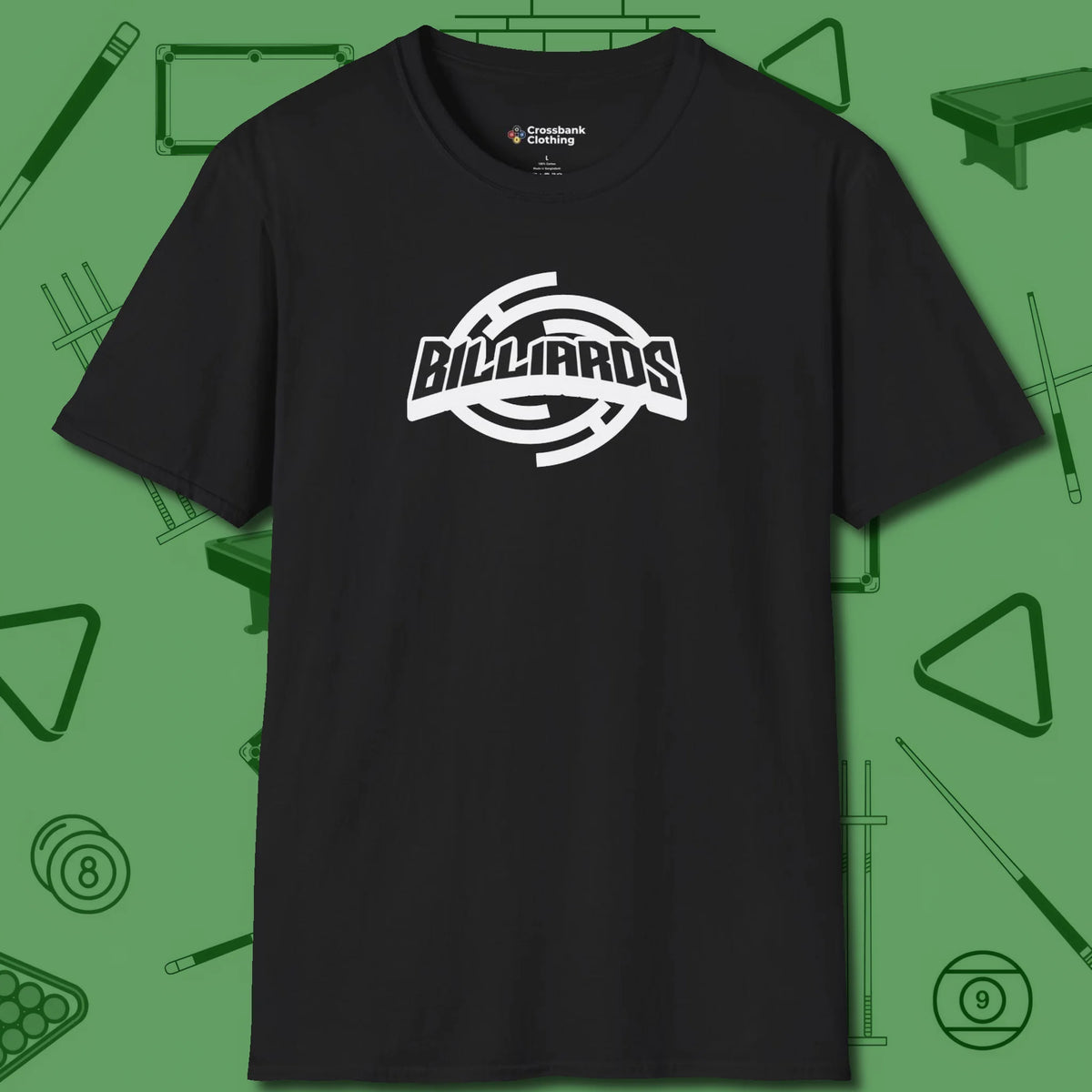 Billiards Emblem T-Shirt, front view, in Black classic cue style, no gimmicks