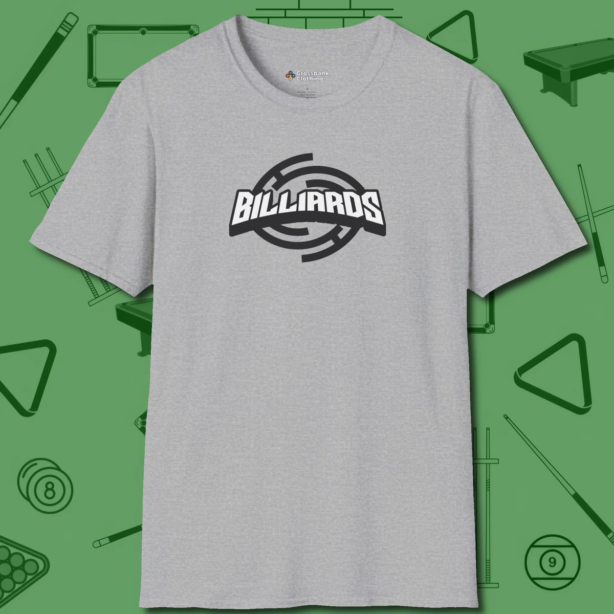 Billiards Emblem T-Shirt, front view, in Sport Grey break, run out, turn heads — repeat
