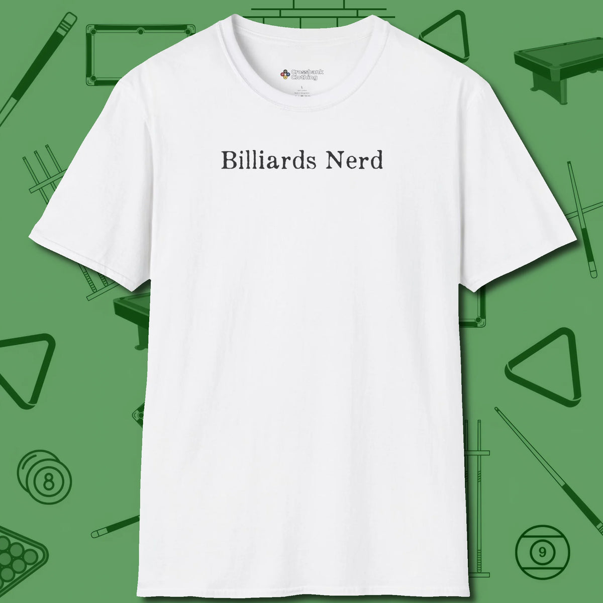 Billiards Nerd T-Shirt, front view, in White put your best game on display