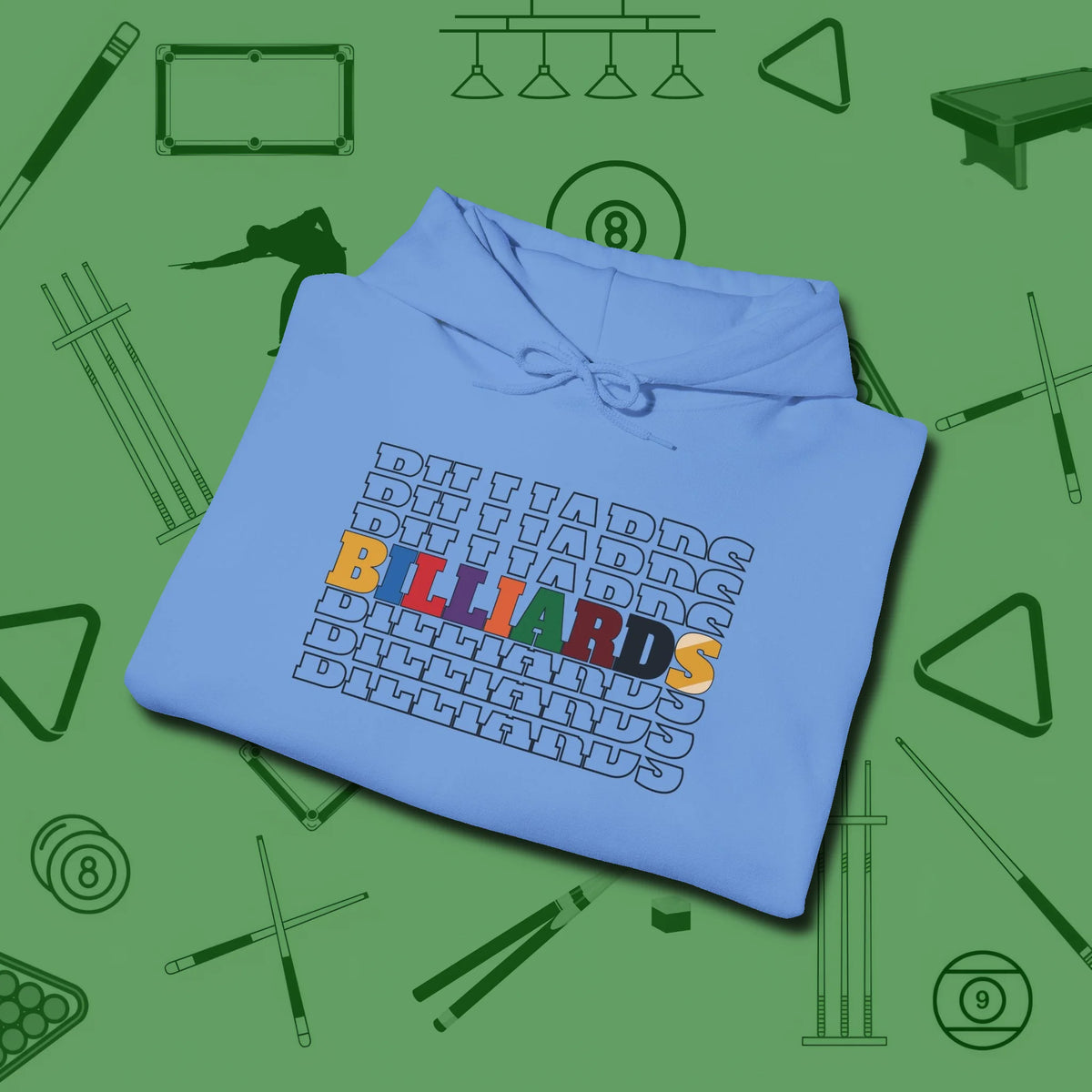 Billiards Retro Sign Hoodie, folded view, in Carolina Blue cue sports swagger done right