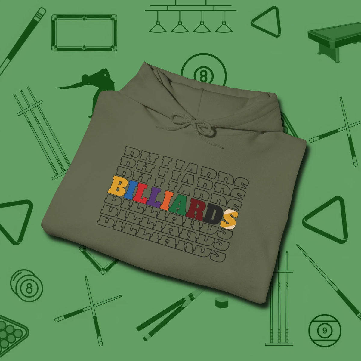 Billiards Retro Sign Hoodie, folded view, in Military Green a clean fit for the dirtiest safeties