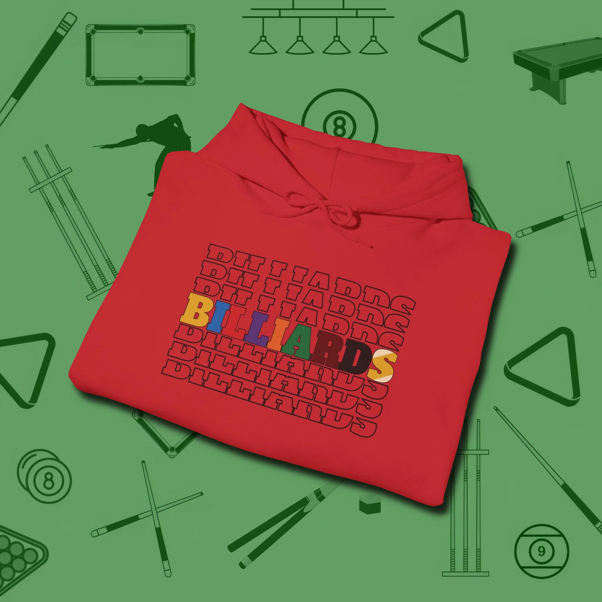 Billiards Retro Sign Hoodie, folded view, in Red smart enough for the felt and the street