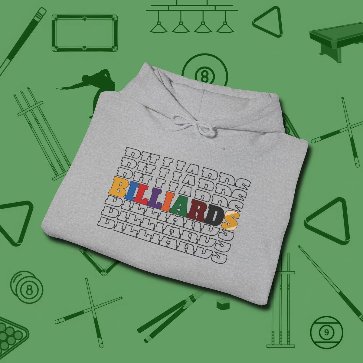 Billiards Retro Sign Hoodie, folded view, in Sport Grey ideal for clean hits and clean fits