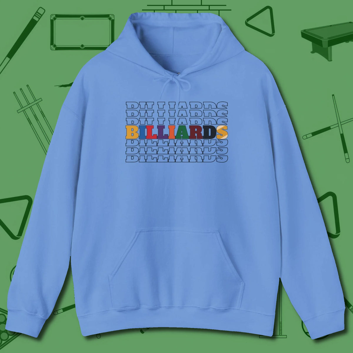 Billiards Retro Sign Hoodie, front view, in Carolina Blue because pool isn’t just a game — it’s who you are
