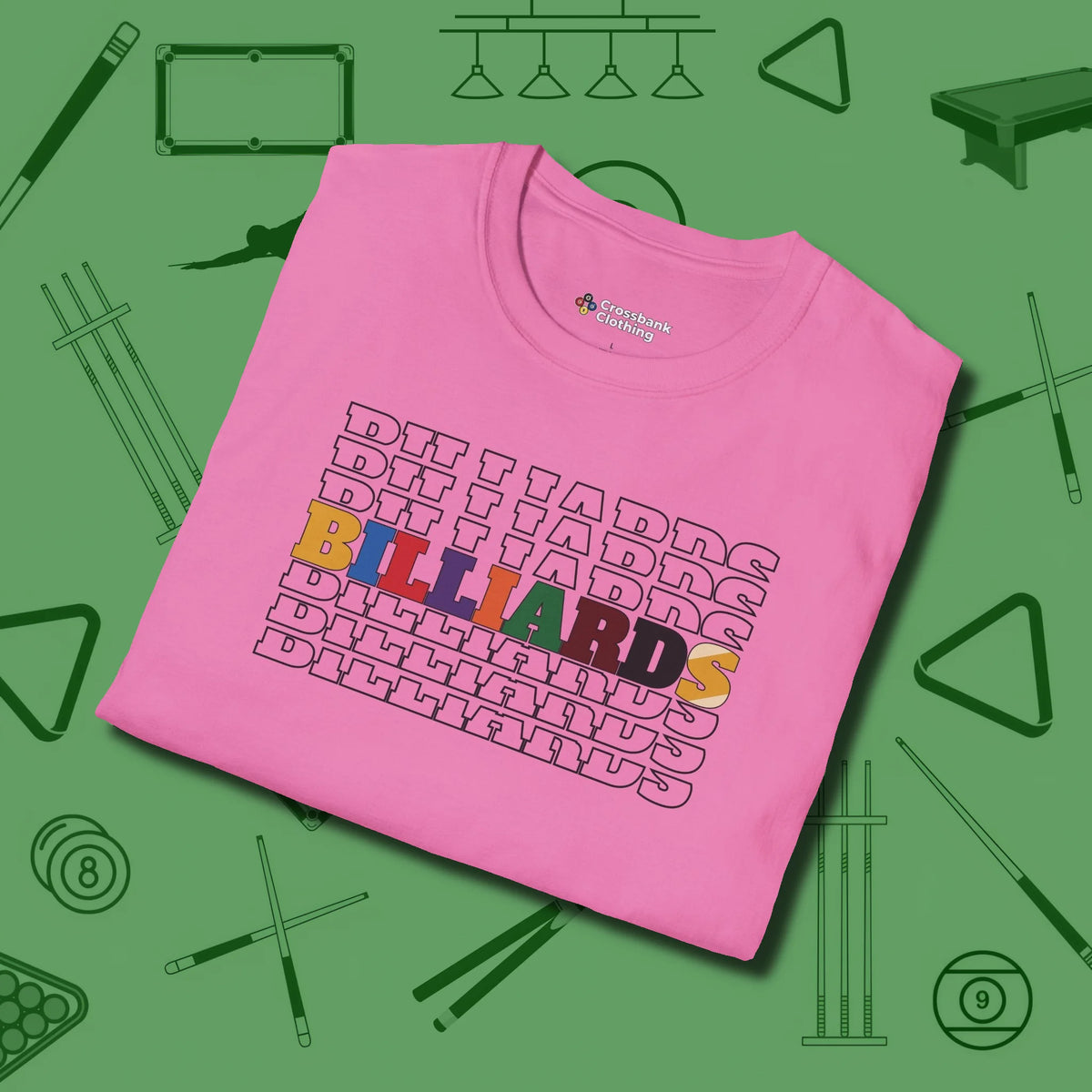 Billiards Retro Sign T-Shirt, folded view, in Azalea make every shot — and outfit — count